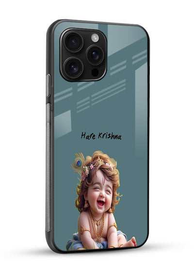 Happy Krishna smiling artwork glossy vibrant premium glass cover divine joyful theme - Angle Side
