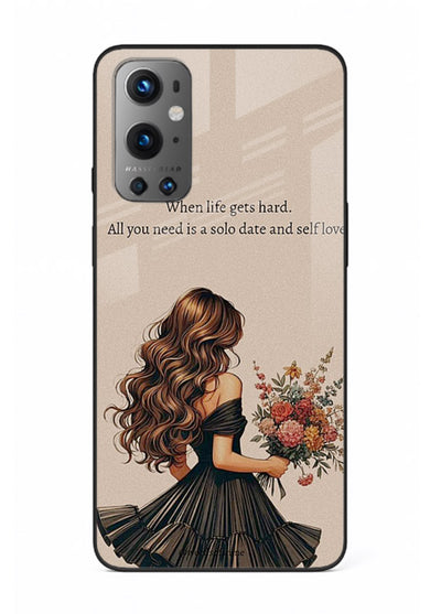 Floral bouquet illustration printed on OnePlus 9 glass back cover with gentle warm tones.