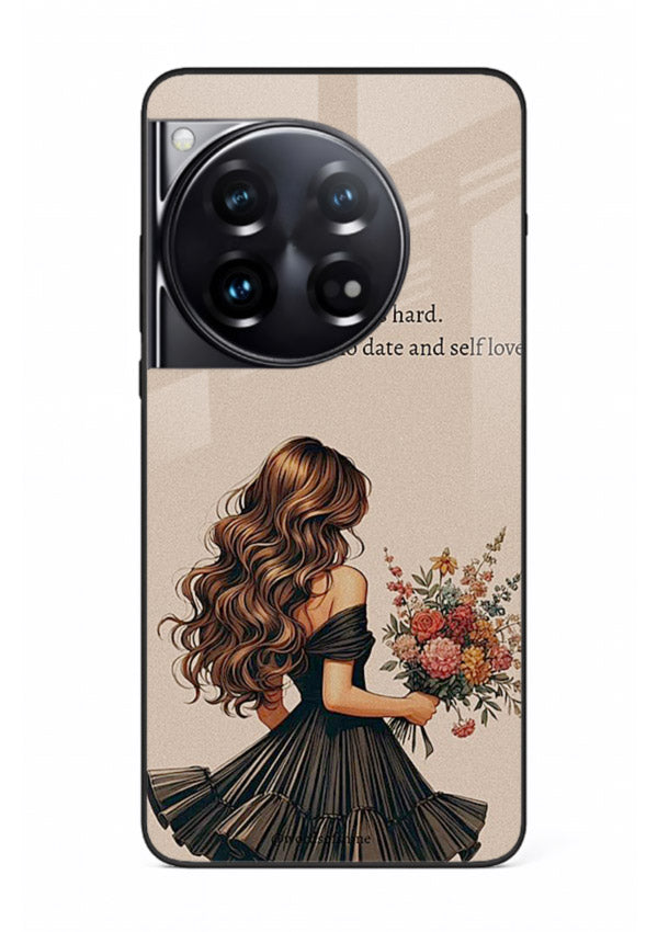 Floral bouquet illustration printed on OnePlus 12 glass back cover with gentle warm tones.