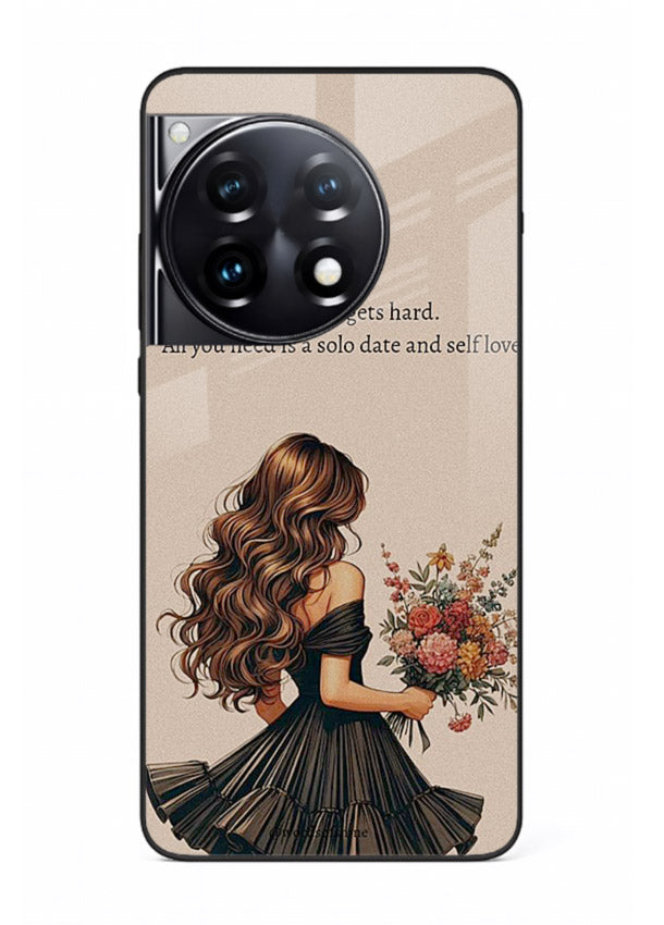 Floral bouquet illustration printed on OnePlus 12R glass back cover with gentle warm tones.