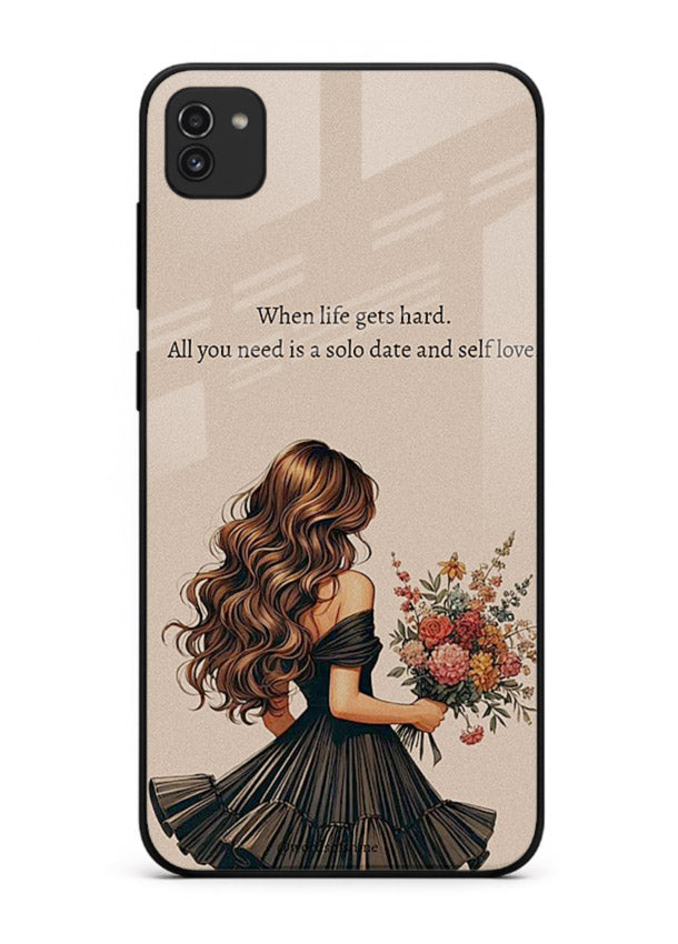 Floral bouquet illustration printed on Samsung A03 glass back cover with gentle warm tones.