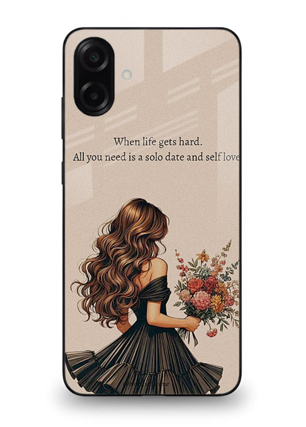 Floral bouquet illustration printed on Samsung A06 5G glass back cover with gentle warm tones.