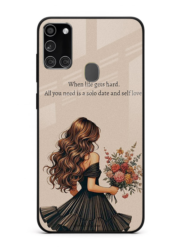 Floral bouquet illustration printed on Samsung A21s glass back cover with gentle warm tones.