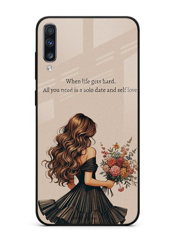 Floral bouquet illustration printed on Samsung A70 glass back cover with gentle warm tones.