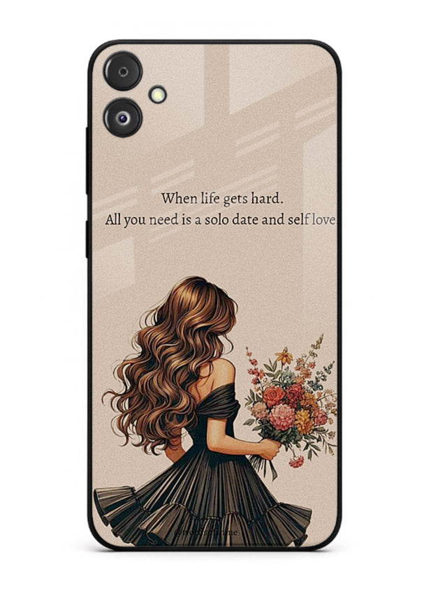 Floral bouquet illustration printed on Samsung F04 5G glass back cover with gentle warm tones.