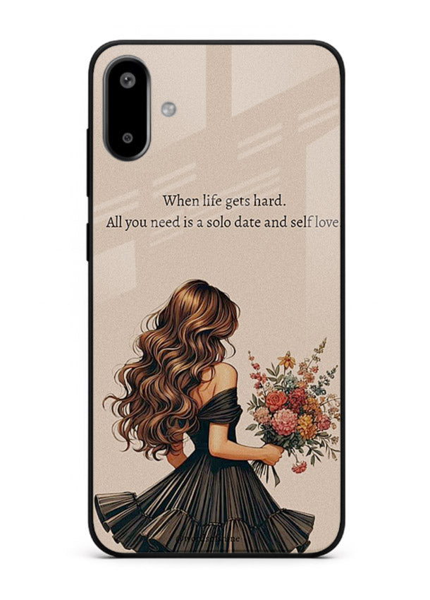 Floral bouquet illustration printed on Samsung F06 5G glass back cover with gentle warm tones.