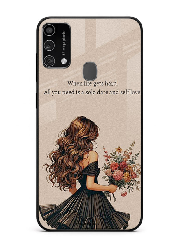 Floral bouquet illustration printed on Samsung F41 glass back cover with gentle warm tones.
