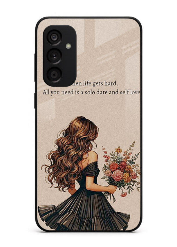 Floral bouquet illustration printed on Samsung F23 5G glass back cover with gentle warm tones.