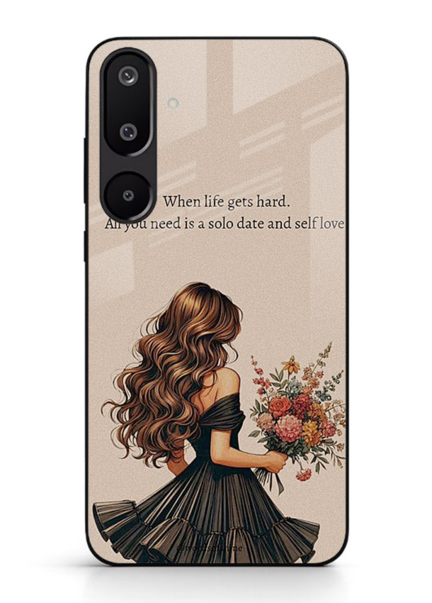 Floral bouquet illustration printed on Samsung F16 5G glass back cover with gentle warm tones.