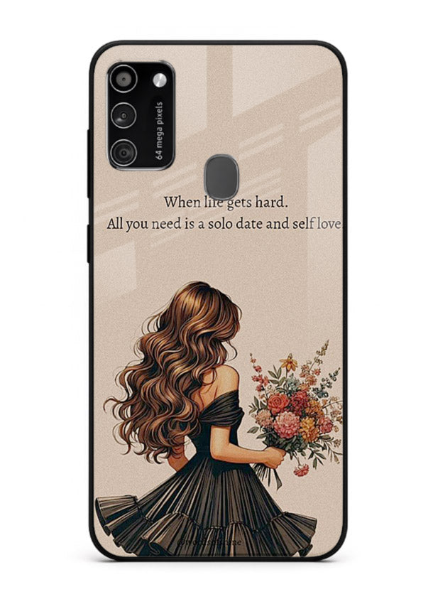 Floral bouquet illustration printed on Samsung M30s glass back cover with gentle warm tones.