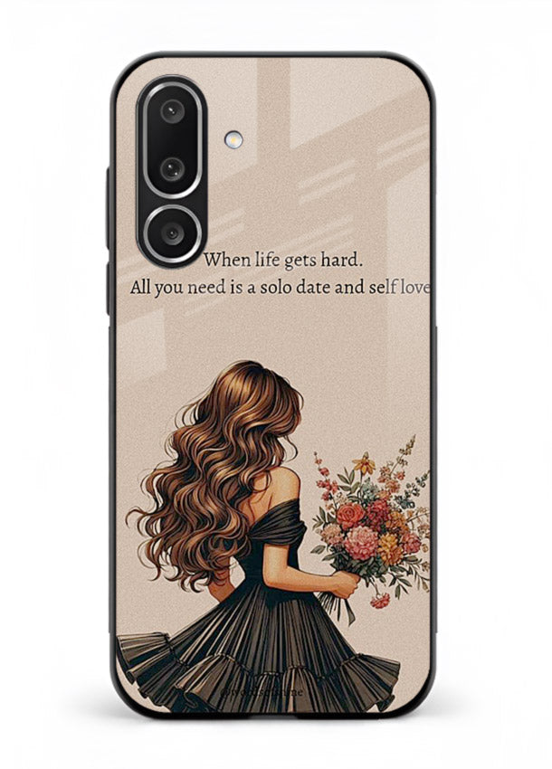 Floral bouquet illustration printed on Samsung F56 5G glass back cover with gentle warm tones.