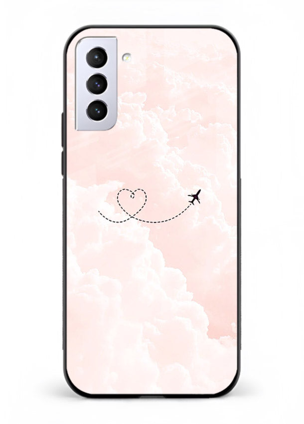 Heart Plane Clouds pink sky artwork Samsung S21 Plus glass back cover
