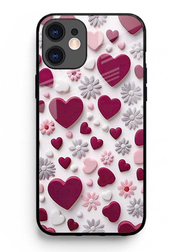 Heart and blossom artwork on iphone 11 glass back cover with cute romantic detailing.