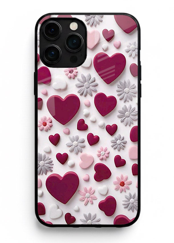 Heart and blossom artwork on iphone 15 pro max glass back cover with cute romantic detailing.