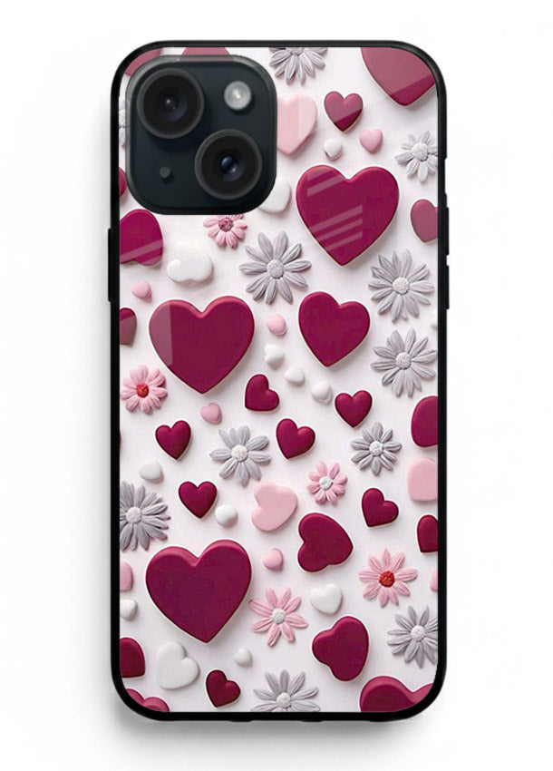 Heart and blossom artwork on iphone 13 mini glass back cover with cute romantic detailing.