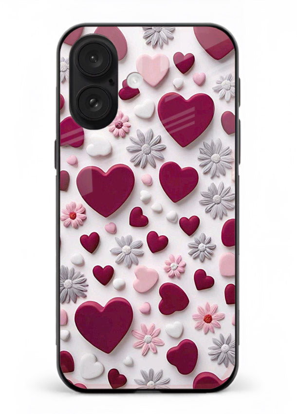 Heart and blossom artwork on iphone 16 plus glass back cover with cute romantic detailing.