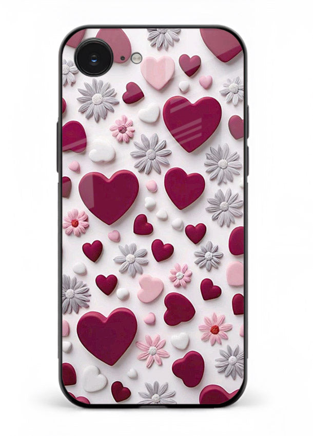 Heart and blossom artwork on iphone 16e glass back cover with cute romantic detailing.