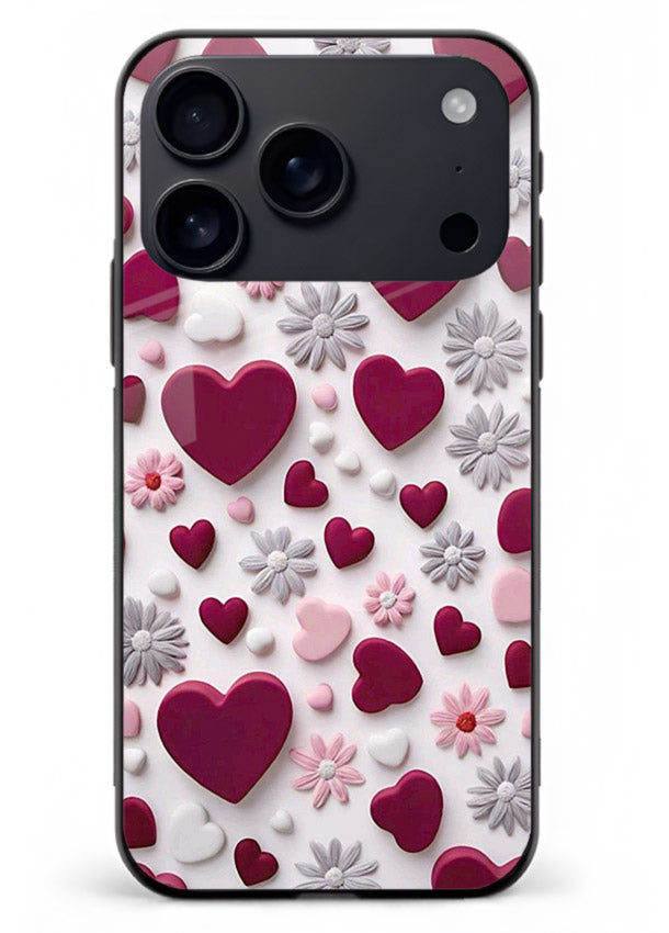 Heart and blossom artwork on iphone 17 pro max glass back cover with cute romantic detailing.