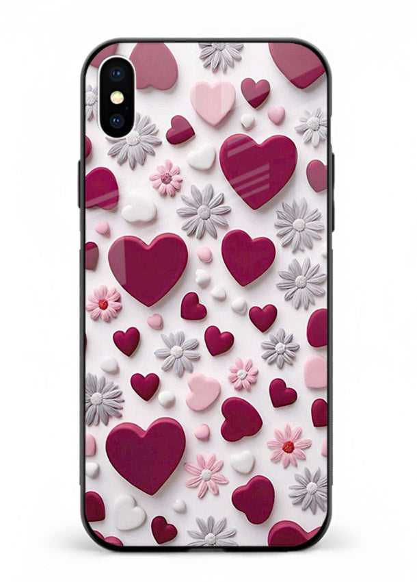 Heart and blossom artwork on iphone xs max glass back cover with cute romantic detailing.