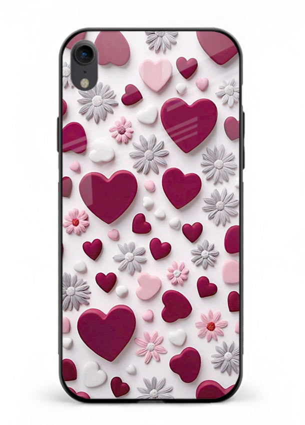 Heart and blossom artwork on iphone xr glass back cover with cute romantic detailing.