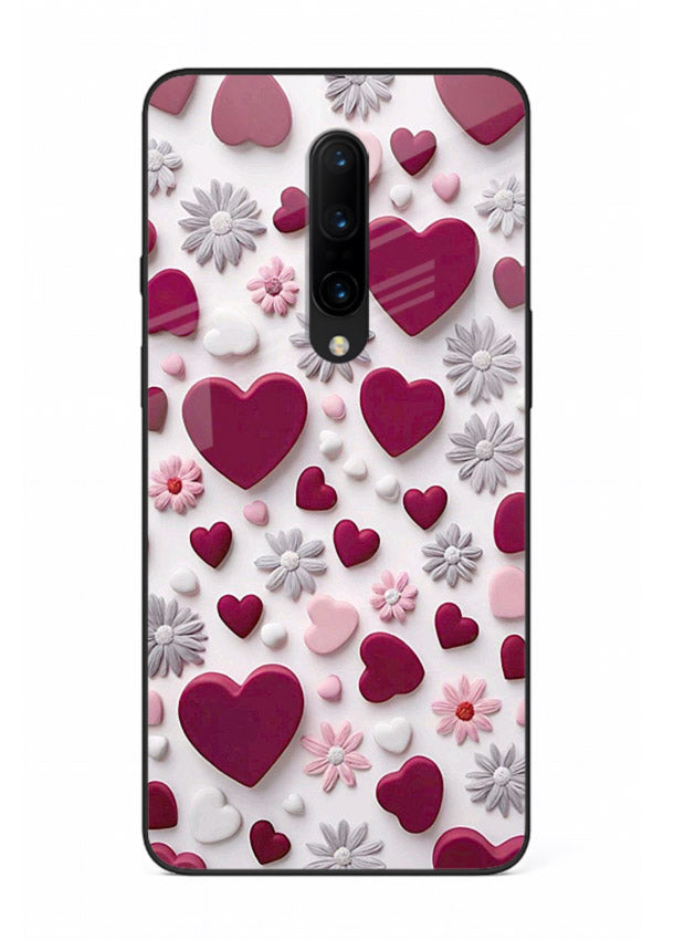 Heart and blossom artwork on OnePlus 8 glass back cover with cute romantic detailing.