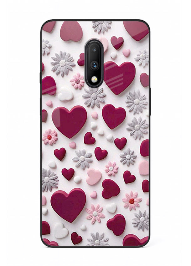Heart and blossom artwork on OnePlus 7 glass back cover with cute romantic detailing.
