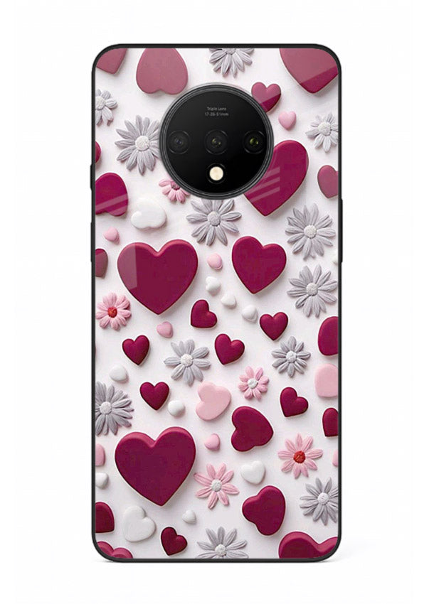Heart and blossom artwork on OnePlus 7T glass back cover with cute romantic detailing.