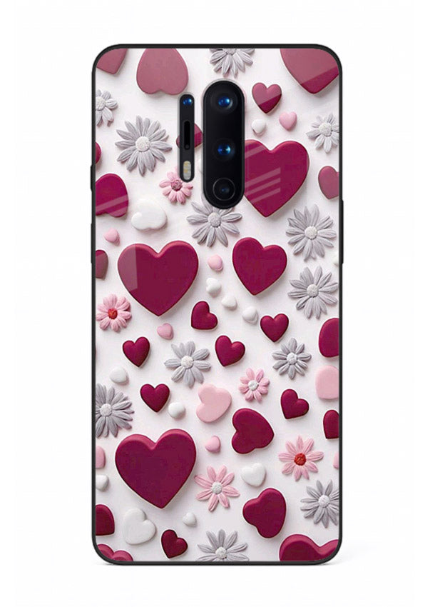 Heart and blossom artwork on OnePlus 8 Pro glass back cover with cute romantic detailing.