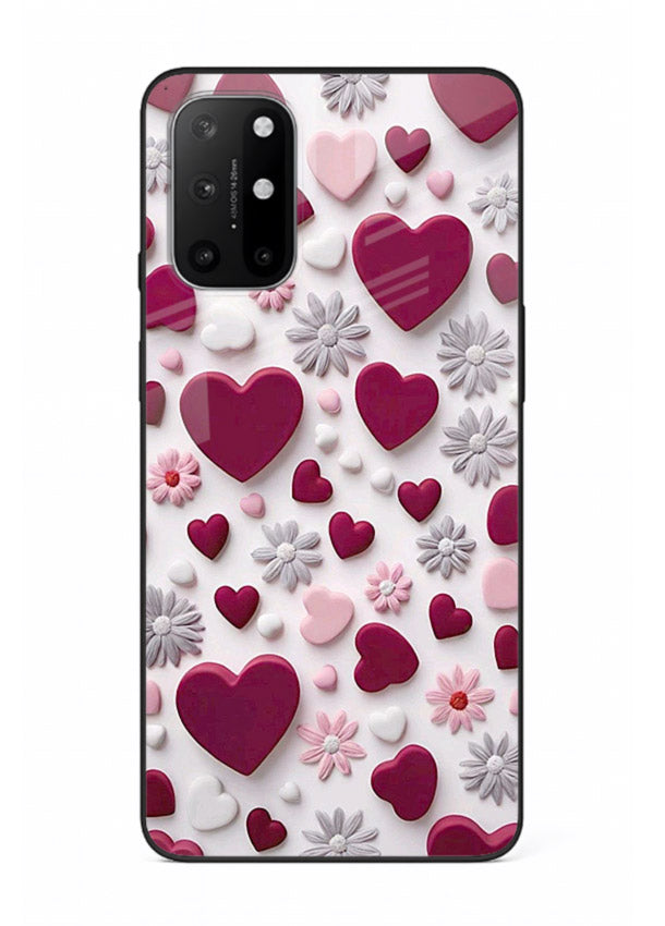 Heart and blossom artwork on OnePlus 8T glass back cover with cute romantic detailing.