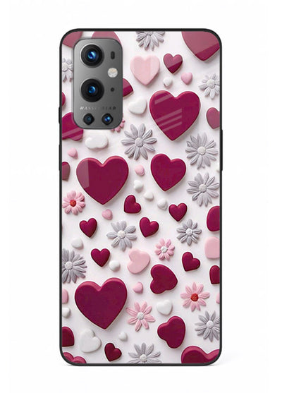 Heart and blossom artwork on OnePlus 9 glass back cover with cute romantic detailing.