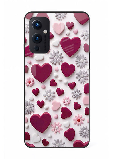 Heart and blossom artwork on OnePlus 9 Pro glass back cover with cute romantic detailing.