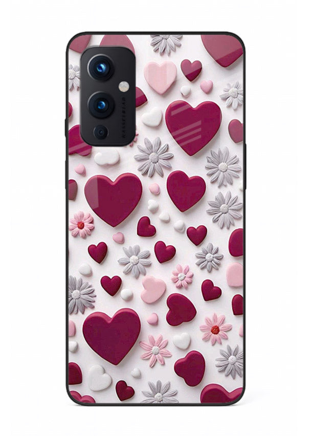 Heart and blossom artwork on OnePlus 9 Pro glass back cover with cute romantic detailing.