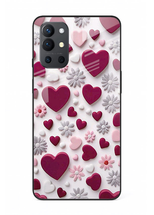 Heart and blossom artwork on OnePlus 9R glass back cover with cute romantic detailing.
