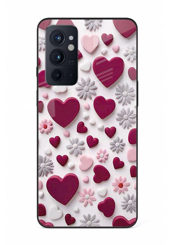 Heart and blossom artwork on OnePlus 9RT glass back cover with cute romantic detailing.