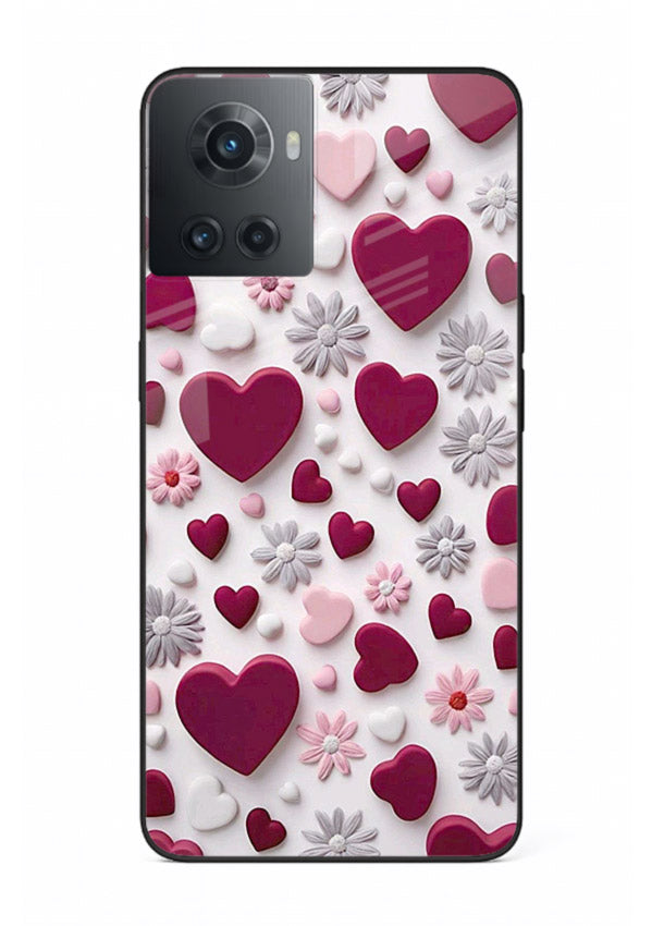 Heart and blossom artwork on OnePlus 10R glass back cover with cute romantic detailing.