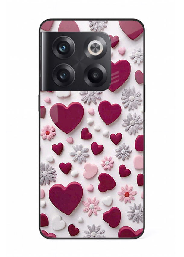 Heart and blossom artwork on OnePlus 10T glass back cover with cute romantic detailing.
