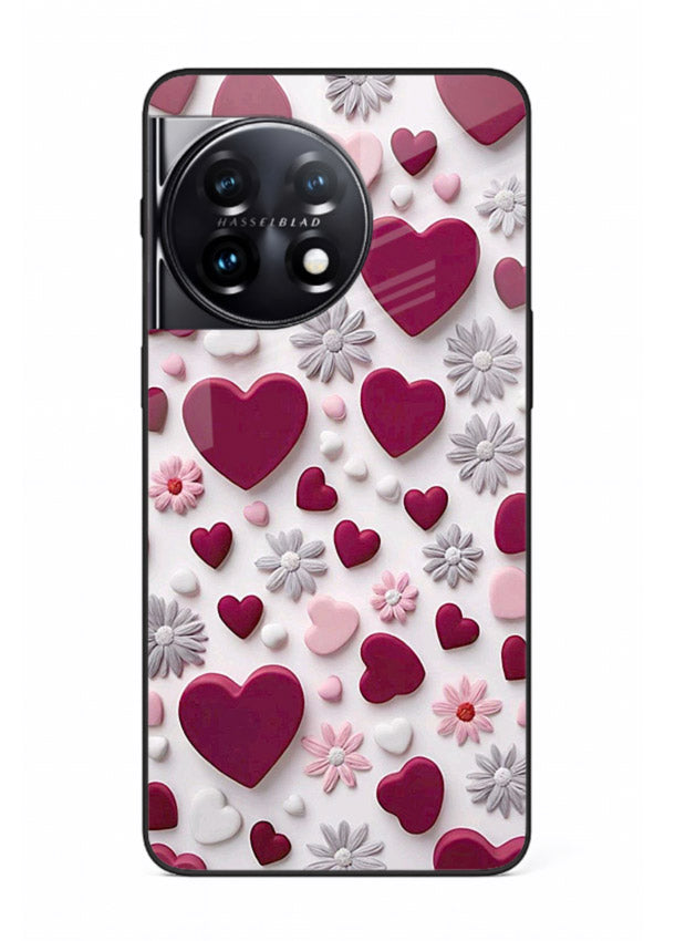 Heart and blossom artwork on OnePlus 11R glass back cover with cute romantic detailing.