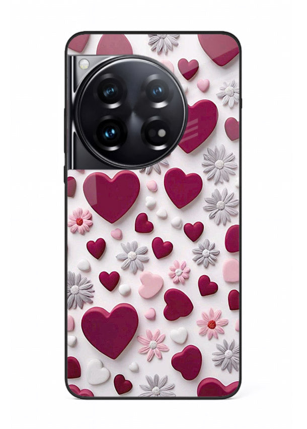 Heart and blossom artwork on OnePlus 12 glass back cover with cute romantic detailing.