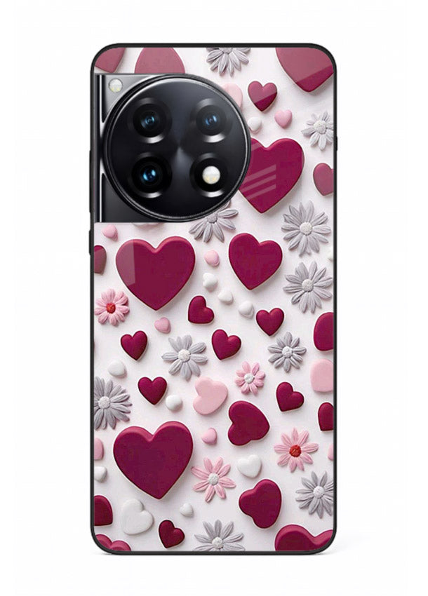 Heart and blossom artwork on OnePlus 12R glass back cover with cute romantic detailing.