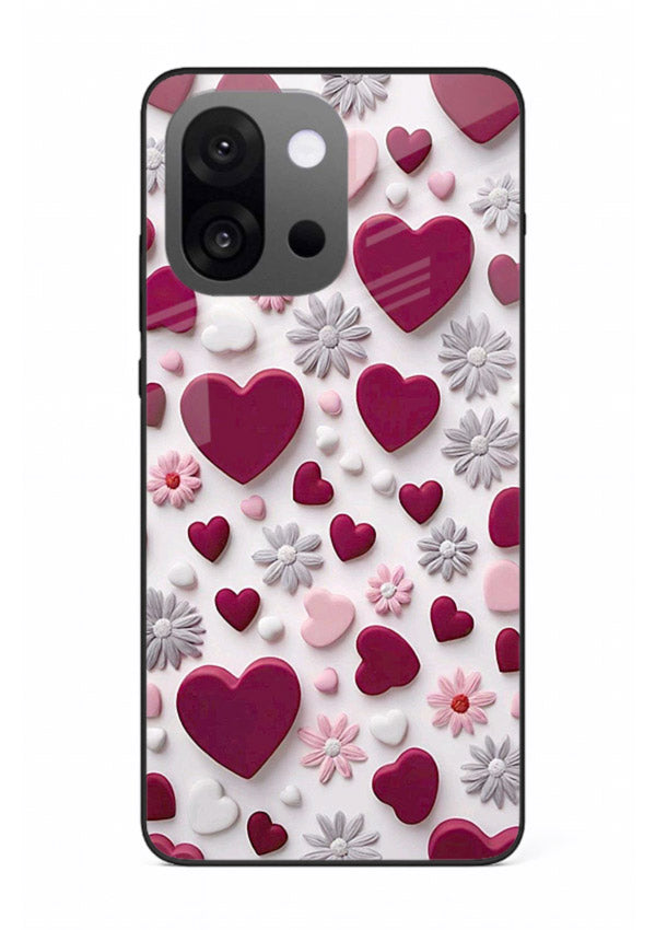 Heart and blossom artwork on OnePlus 13s glass back cover with cute romantic detailing.