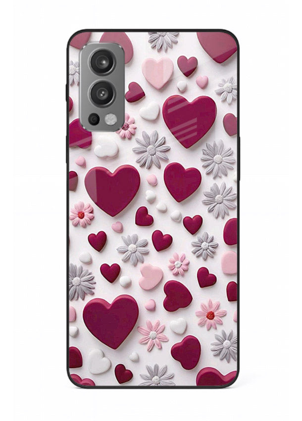 Heart and blossom artwork on OnePlus Nord 2 glass back cover with cute romantic detailing.