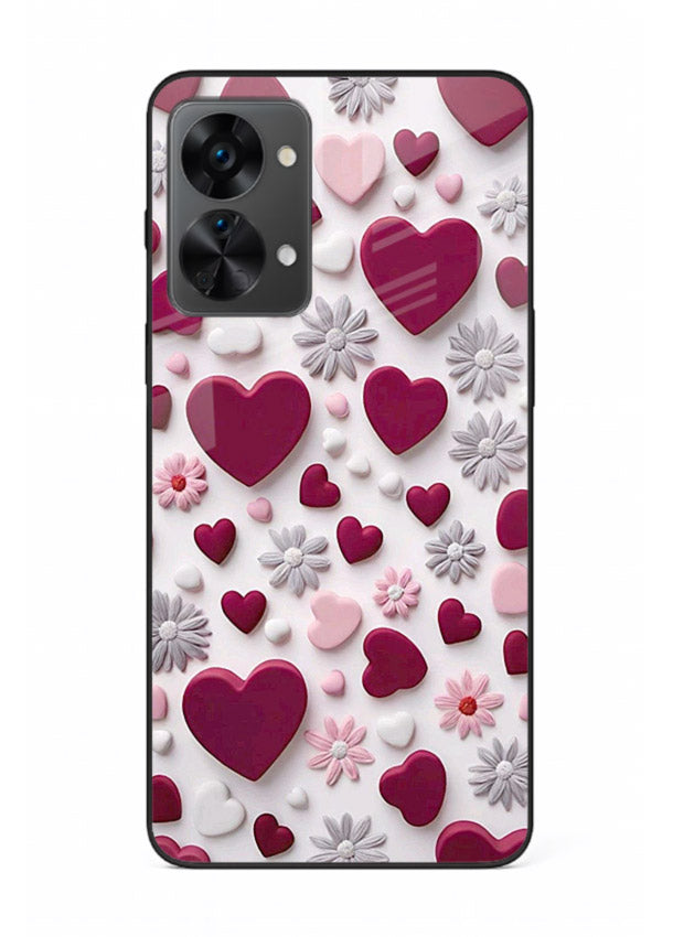 Heart and blossom artwork on OnePlus Nord 2T glass back cover with cute romantic detailing.