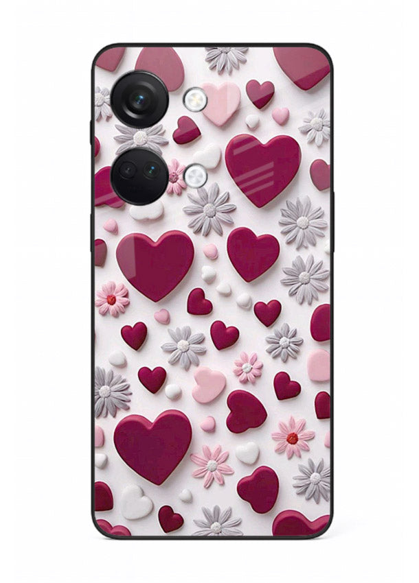 Heart and blossom artwork on OnePlus Nord 3 glass back cover with cute romantic detailing.