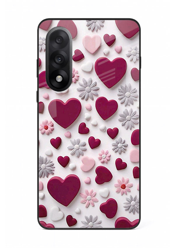Heart and blossom artwork on OnePlus Nord 5 glass back cover with cute romantic detailing.