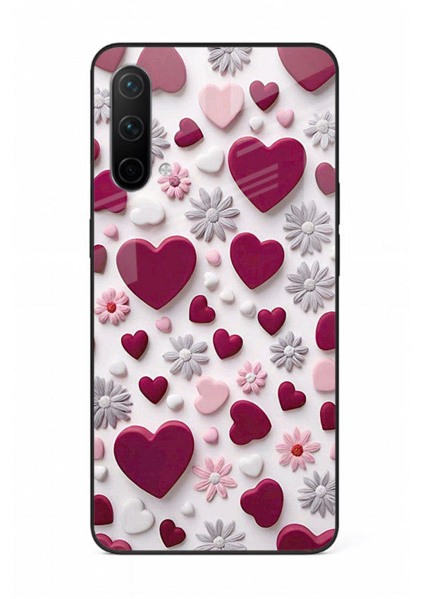 Heart and blossom artwork on OnePlus Nord CE 5G glass back cover with cute romantic detailing.