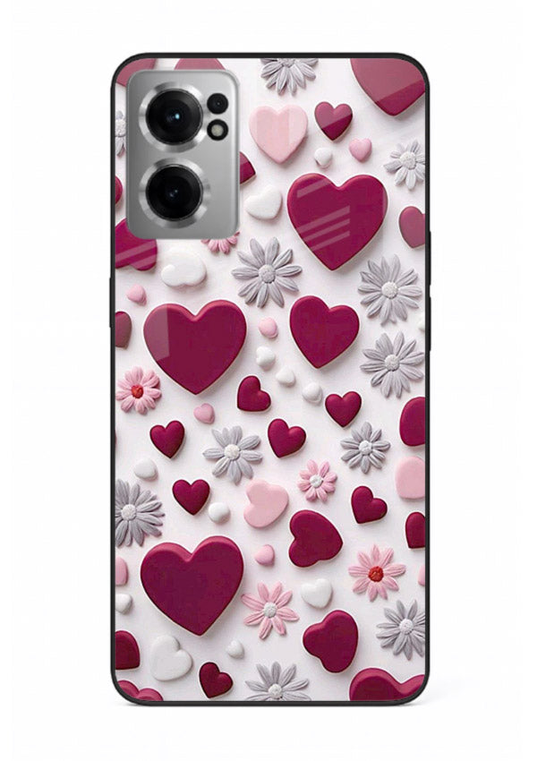 Heart and blossom artwork on OnePlus Nord CE2 5G glass back cover with cute romantic detailing.
