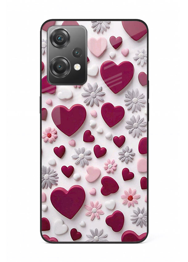 Heart and blossom artwork on OnePlus Nord CE2 Lite 5G glass back cover with cute romantic detailing.
