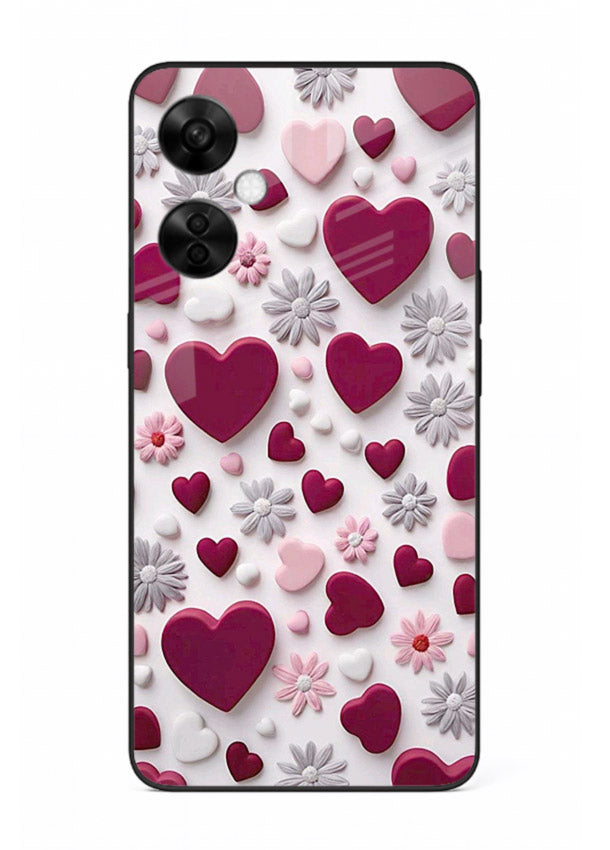 Heart and blossom artwork on OnePlus Nord CE3 Lite glass back cover with cute romantic detailing.