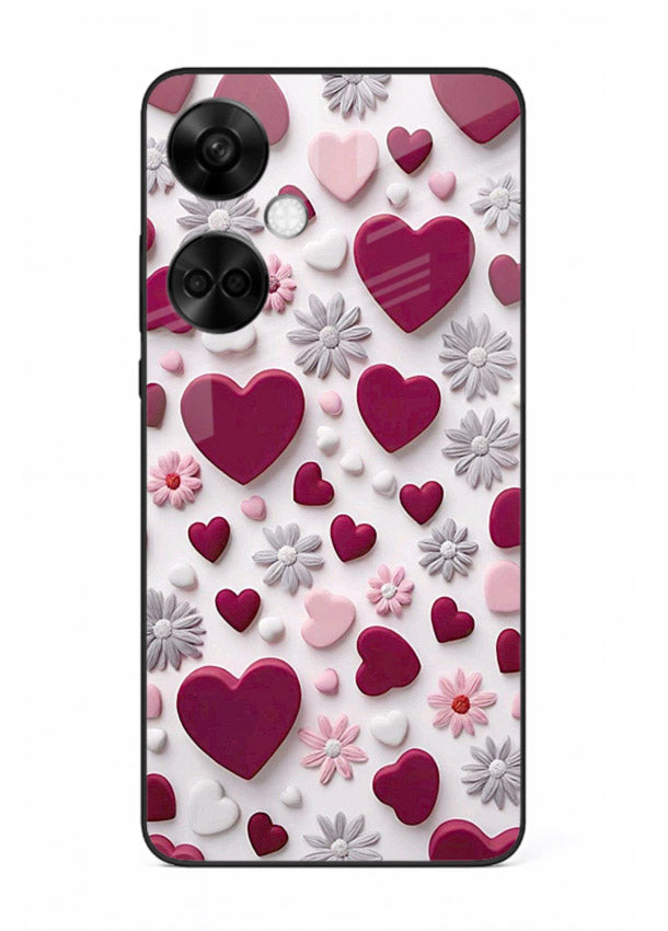 Heart and blossom artwork on OnePlus Nord CE3 glass back cover with cute romantic detailing.