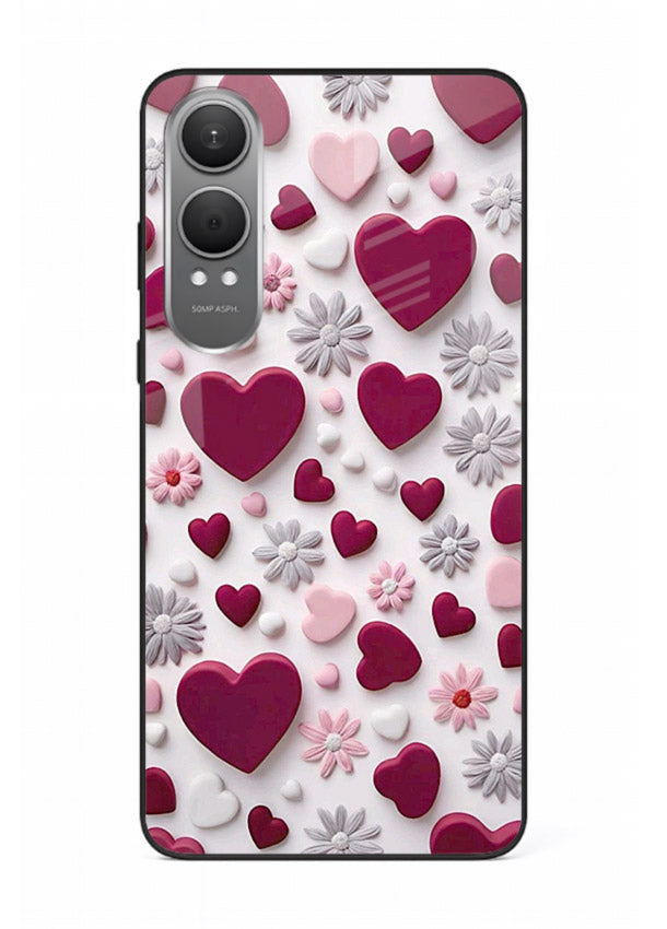 Heart and blossom artwork on OnePlus Nord CE4 Lite glass back cover with cute romantic detailing.